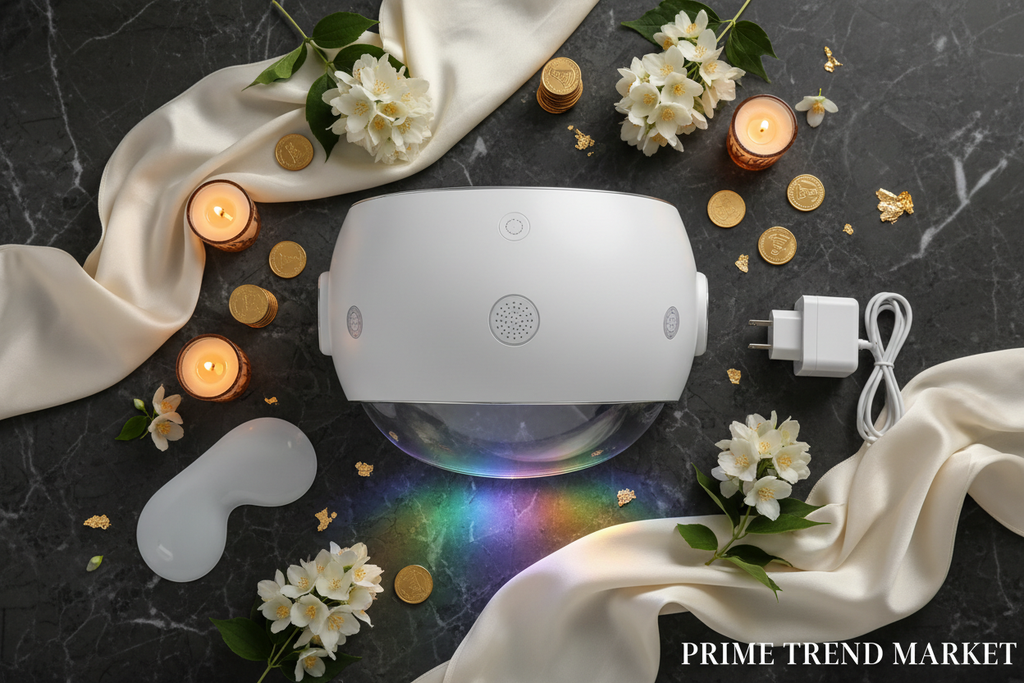 PDT LED Photon Face Mask Therapy Dome — Luxury Flat Lay with Accessories