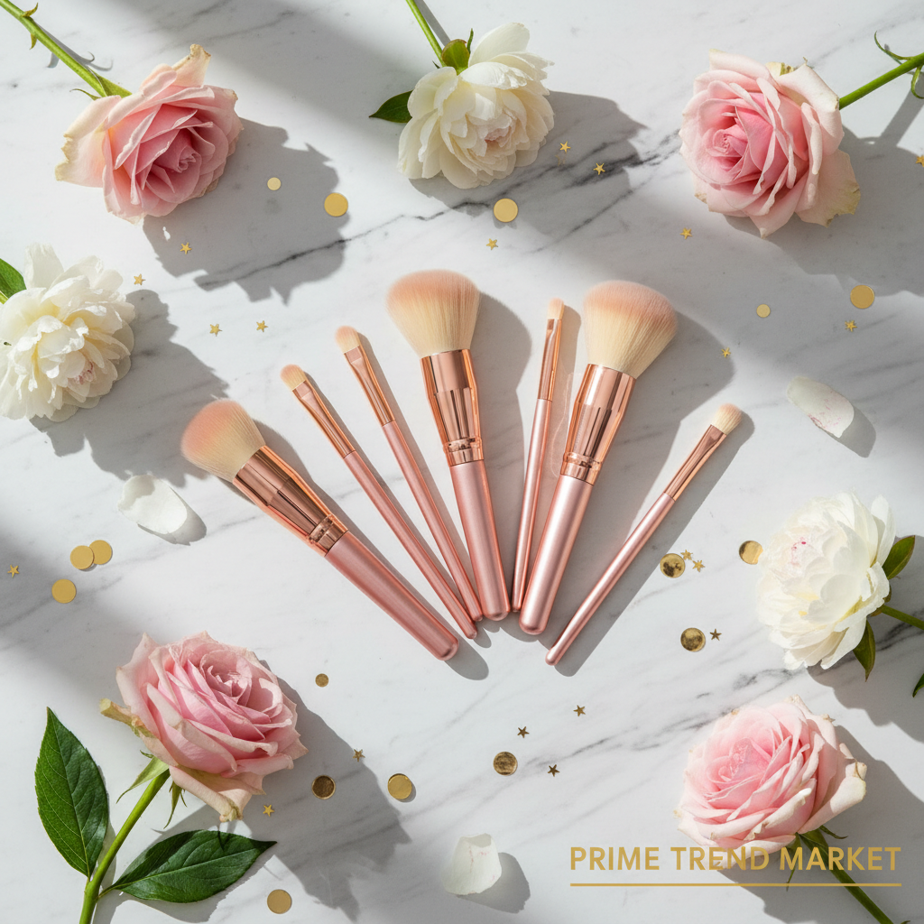 10-piece rose gold tube luxury makeup brush set fanned out on marble with pink flowers
