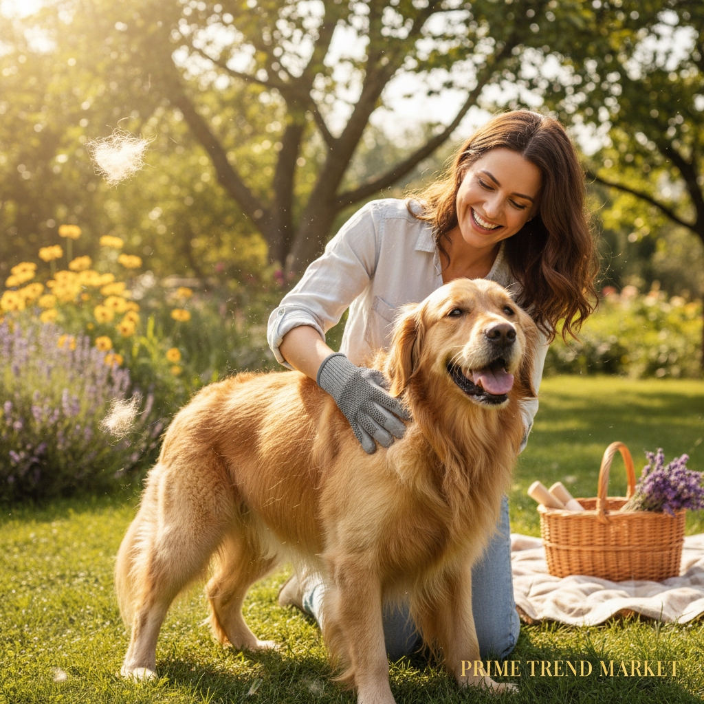 Happy golden retriever being groomed with gray pet hair removal gloves by smiling owner outdoors