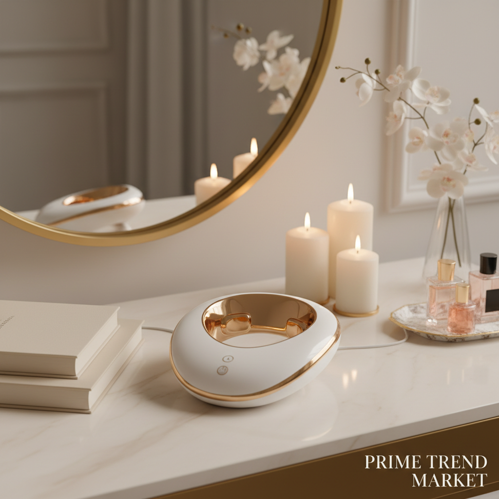 Luxury Neck Massager on vanity with candles and gold mirror
