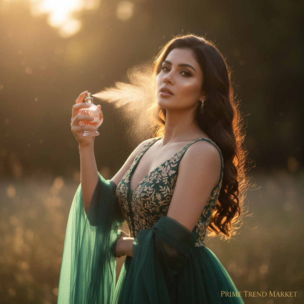 Confident woman applying EELHOE Pheromone Perfume in golden hour light - Prime Trend Market