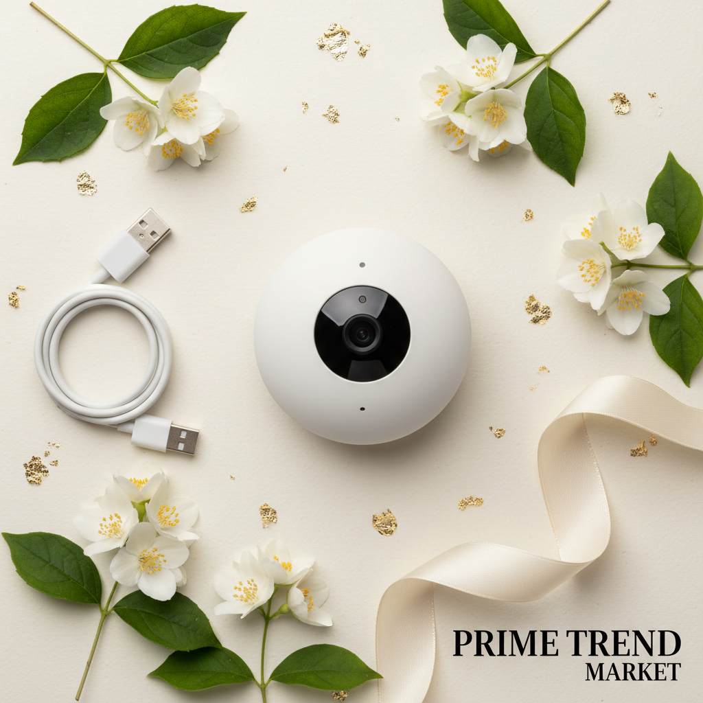 1080P Smart WiFi Surveillance Camera flat lay with jasmine flowers and USB cable