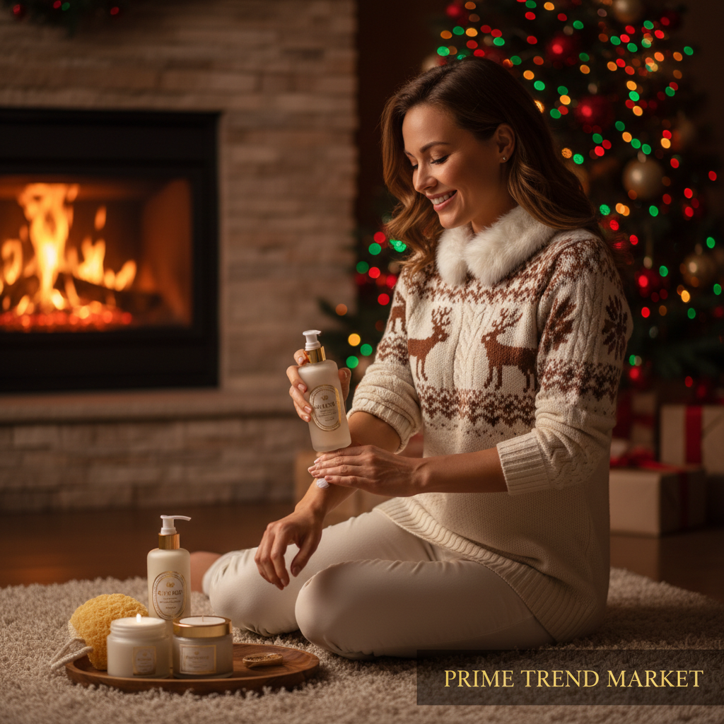 Woman in holiday sweater applying body lotion by fireplace