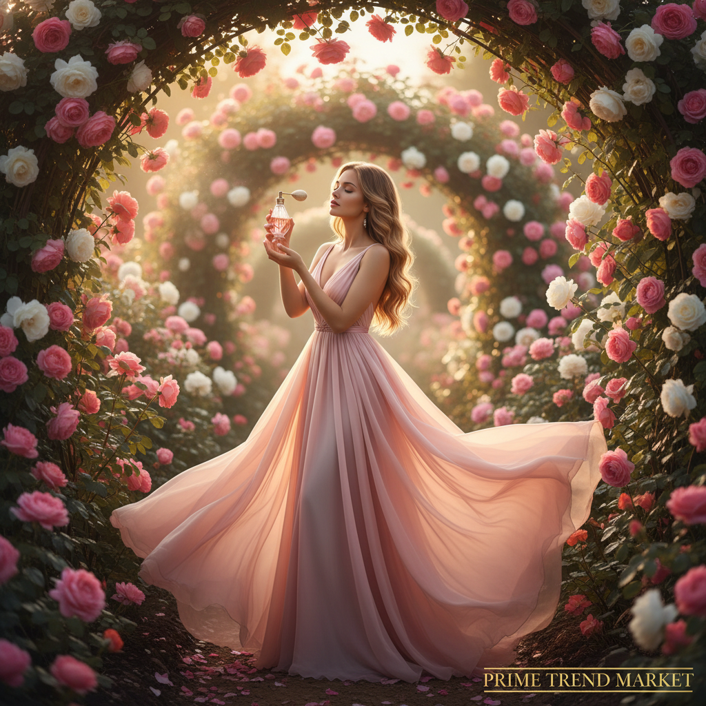 Woman in blush pink dress misting hair with EELHOE Rose fragrance in rose garden - Prime Trend Market