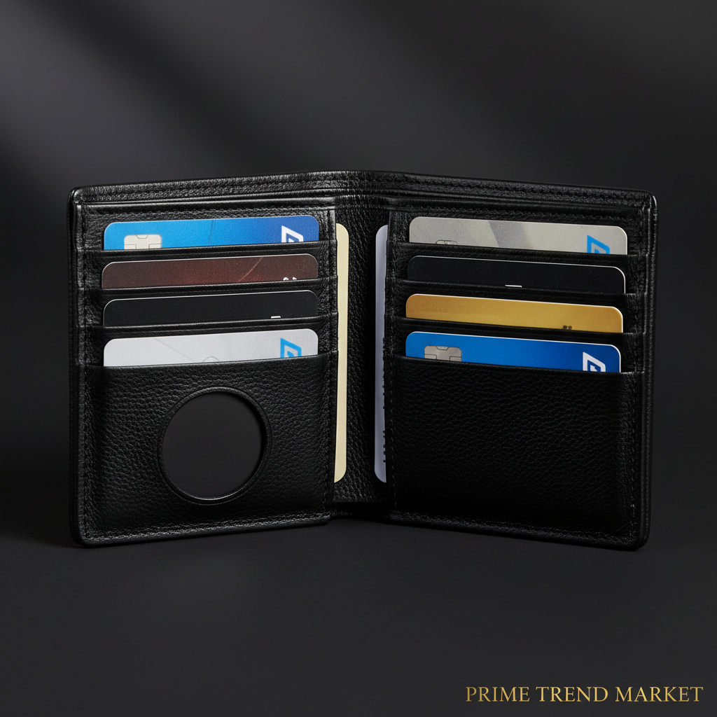Slim leather RFID wallet open showing 11 card slots with AirTag holder