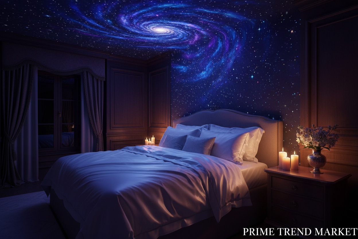 Starry sky projector casting galaxy stars across bedroom ceiling with white silk bed below
