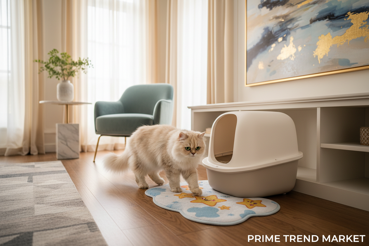 Fluffy cat stepping off cute character litter mat in luxury home lifestyle scene