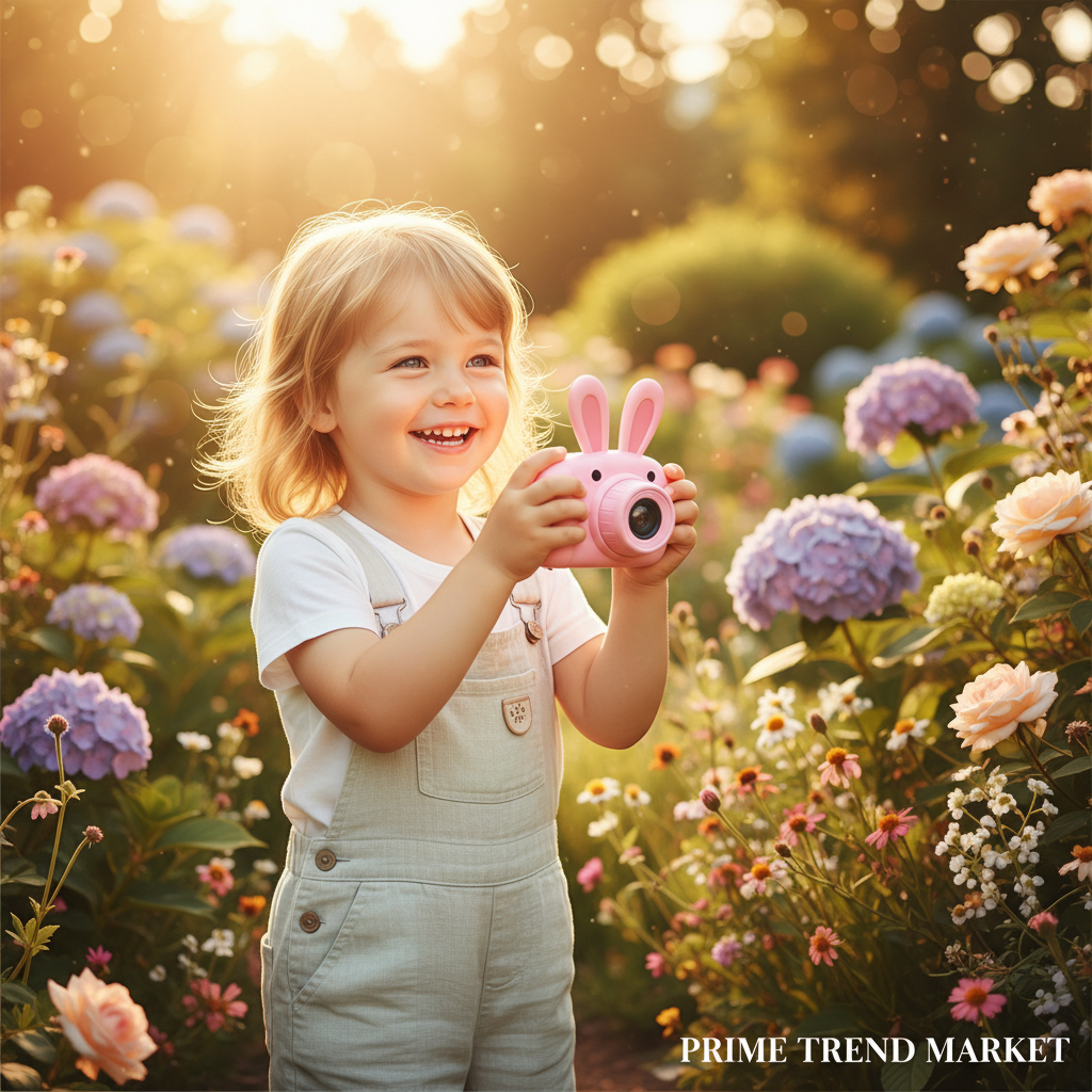 Happy child taking photos with KidShot Pink Bunny camera in garden