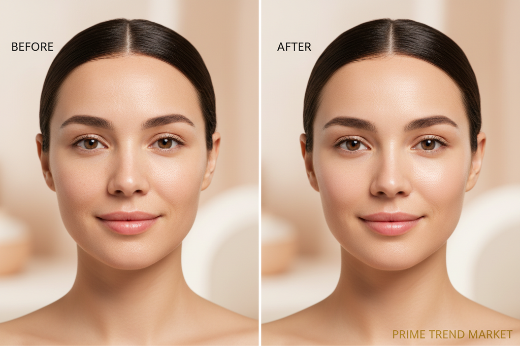 Before and after showing smoother skin and reduced fine lines after LED red light therapy — Prime Trend Market