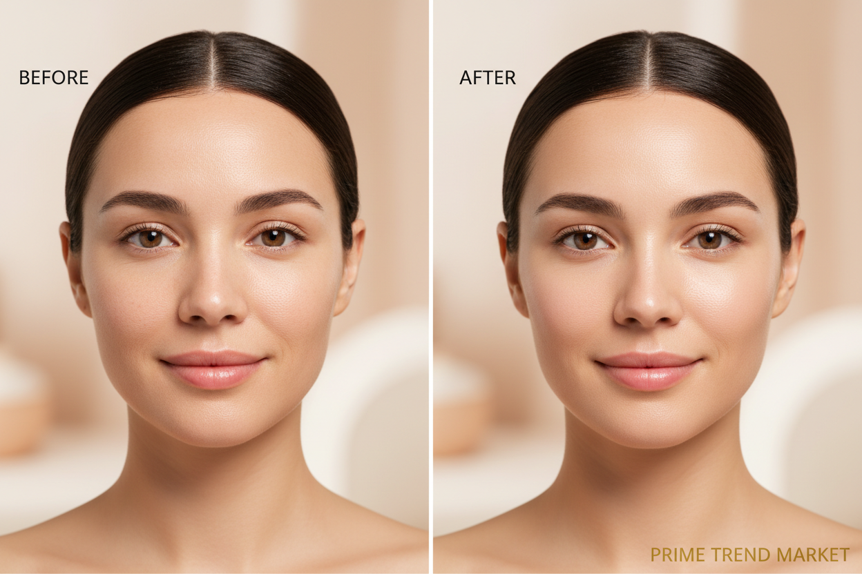 Before and after showing smoother skin and reduced fine lines after LED red light therapy — Prime Trend Market