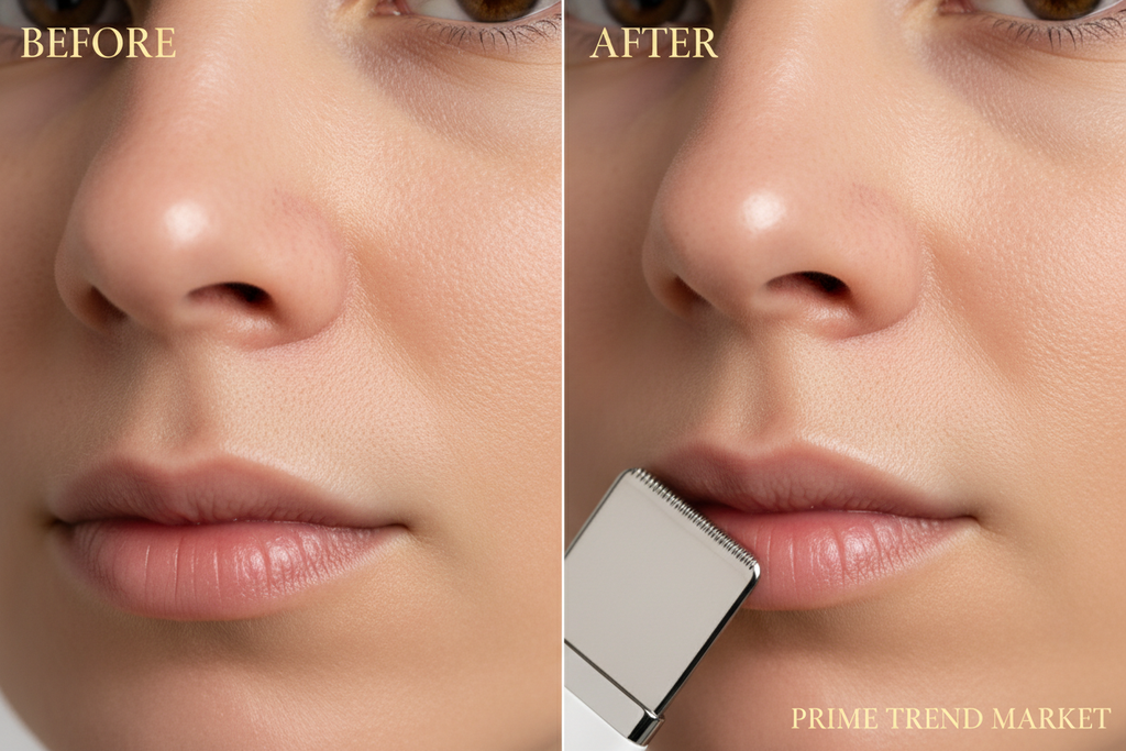 Before and after showing cleaner pores and smoother skin after using ultrasonic skin scrubber — Prime Trend Market