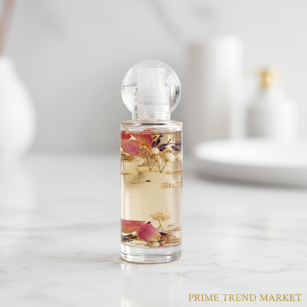 Close-up of dried flower nail oil bottle on marble