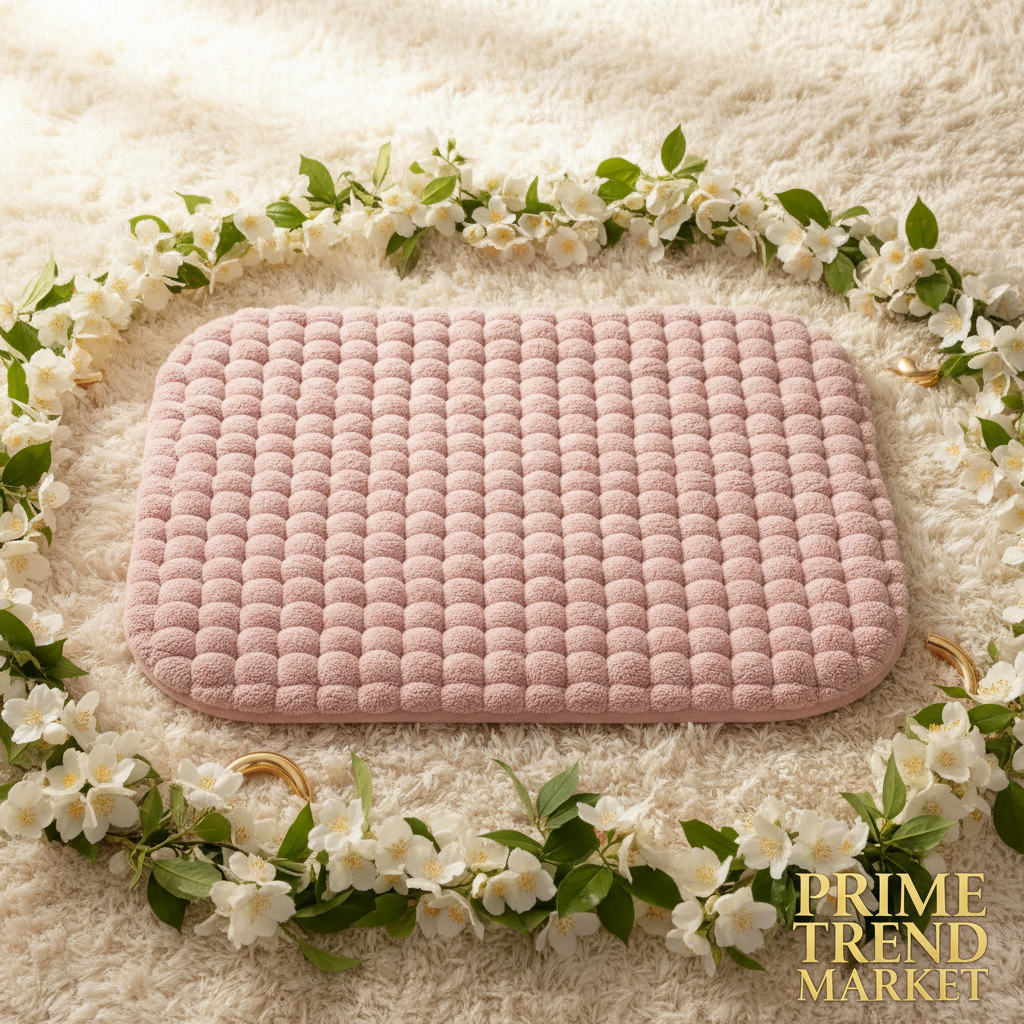 Premium pink soft fabric pet litter mat on cream ivory surface with jasmine flowers