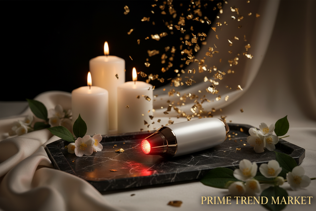 Luxury EMS Red Light Eye Beauty Massager White Gold Confetti Cinematic Hero Shot