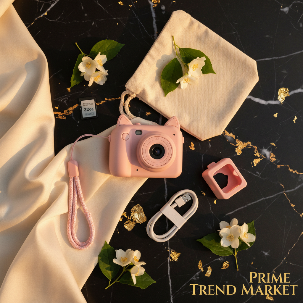 Kids digital camera gift set flat lay with 32GB SD card and accessories — Prime Trend Market