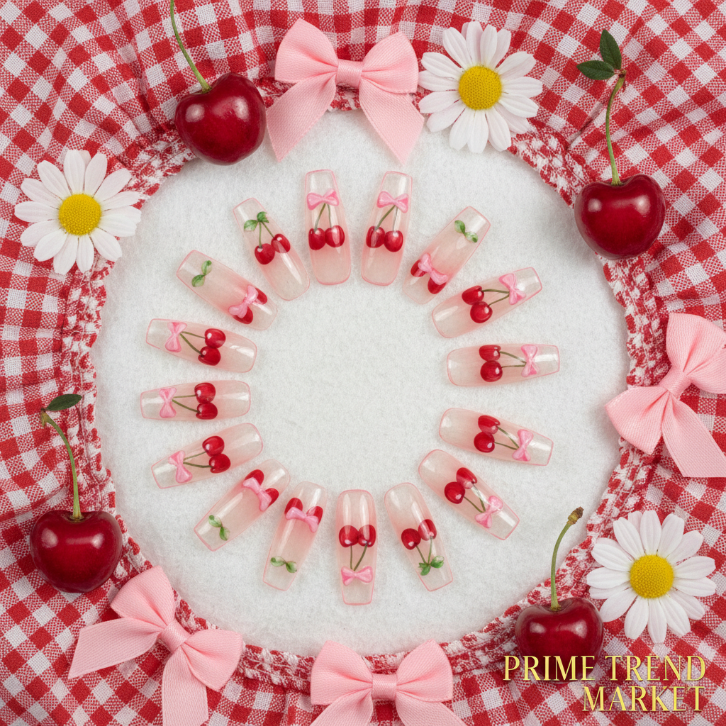Cherry bow nail art press-on nails arranged in circle on red and white background with fresh cherries and daisies
