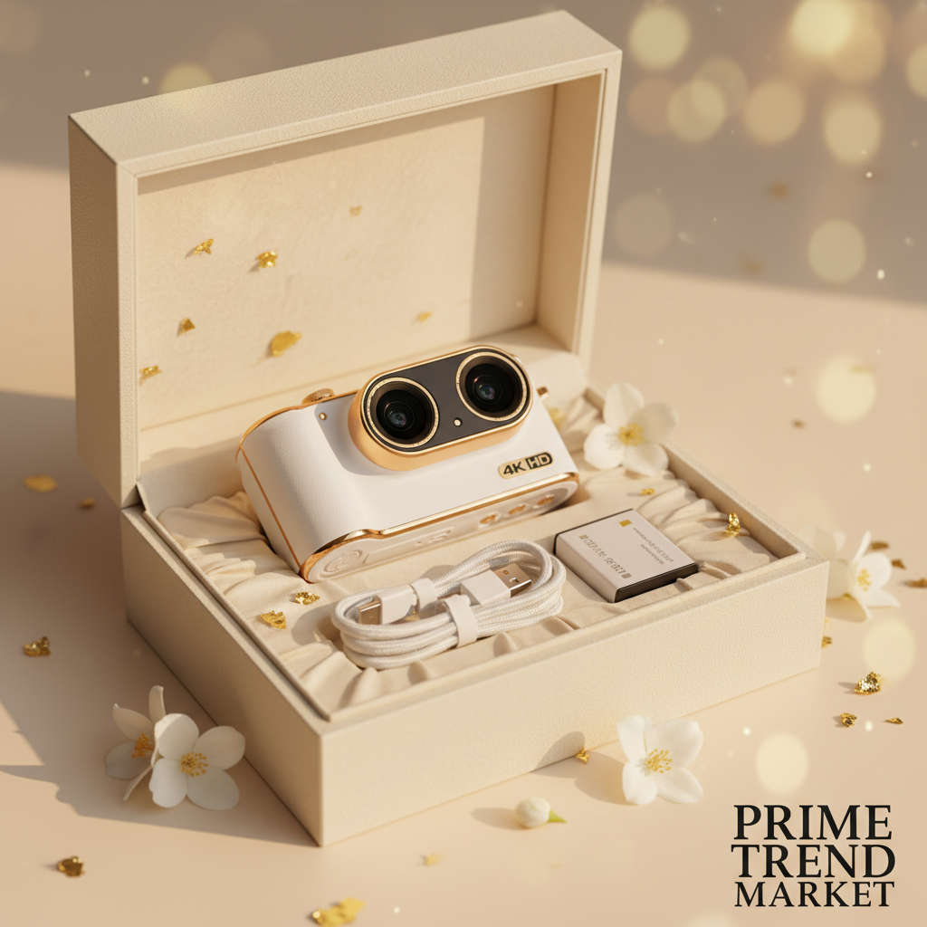 White 4K dual camera in luxury gift box with battery and USB cable
