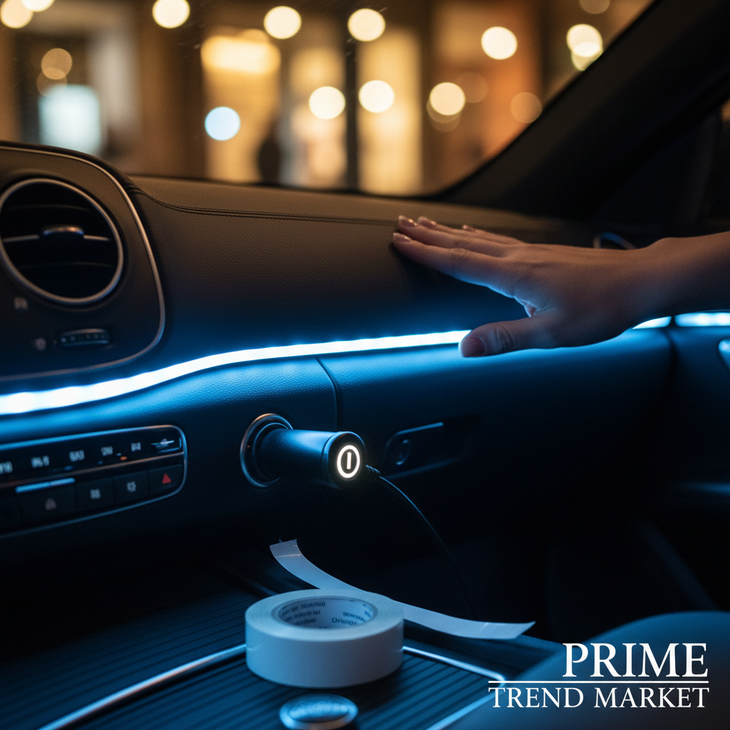 Hand installing blue LED atmosphere light under car dashboard adhesive easy install — Prime Trend Market