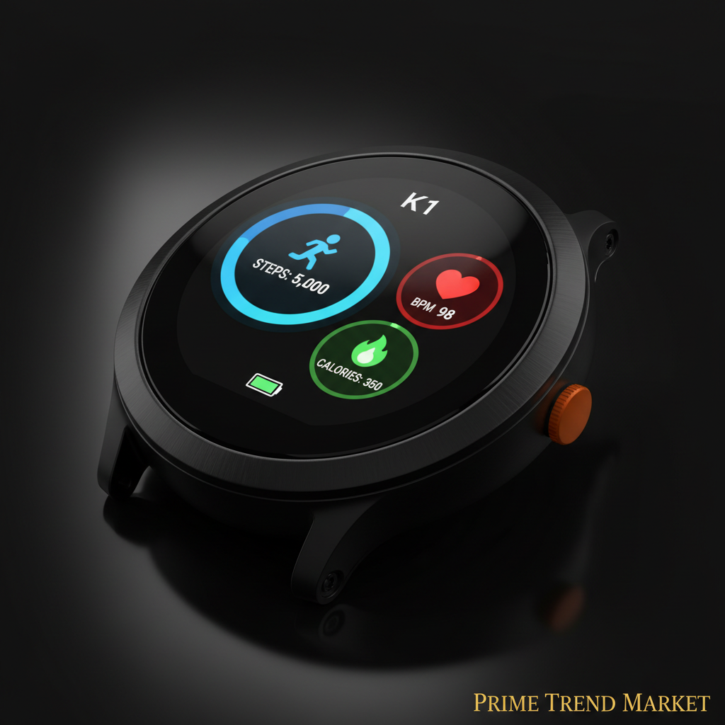 Close-up of K1 kids smart watch face showing fitness stats and colorful dial