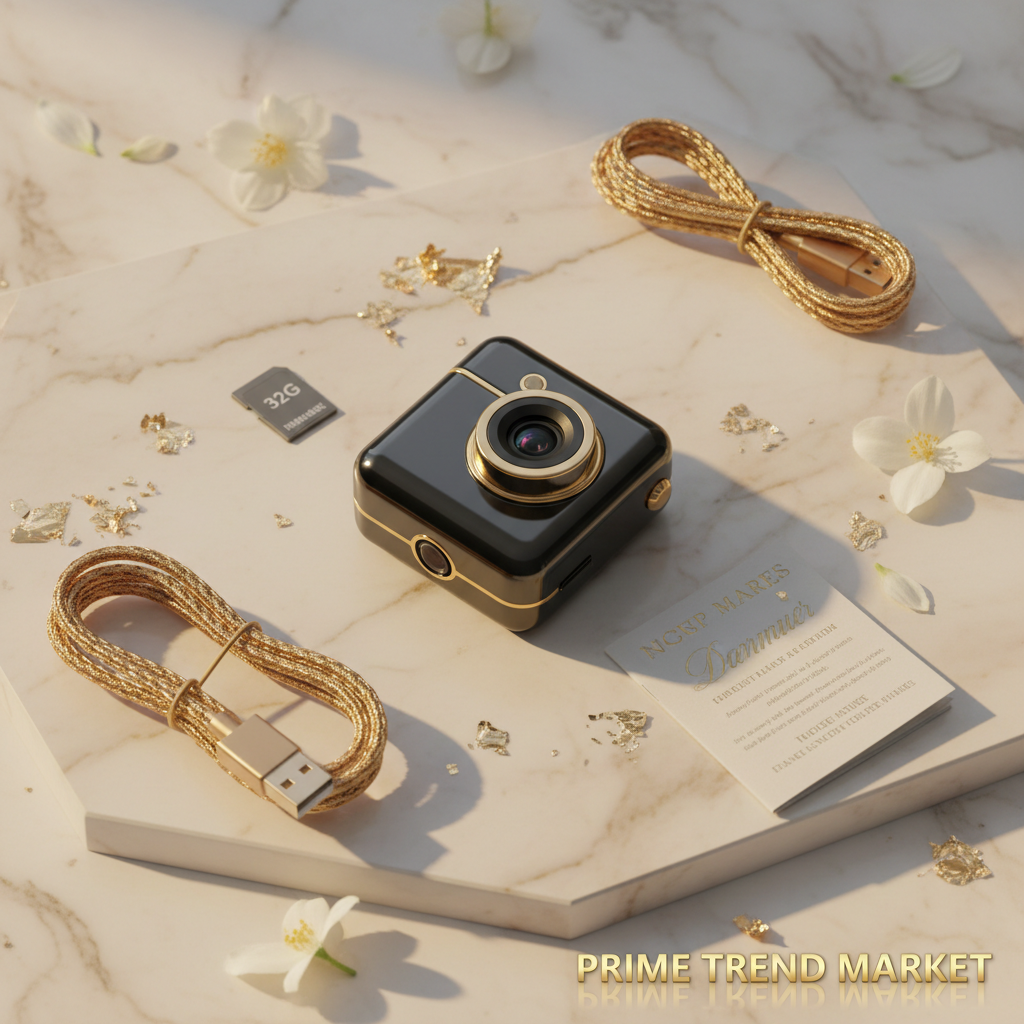 MiniShot accessories flat lay on cream marble