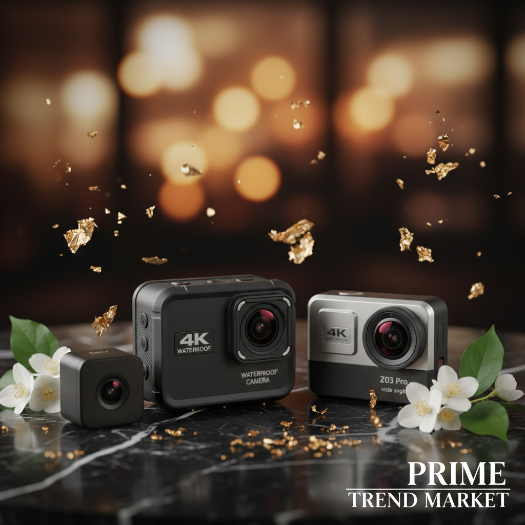 Three rugged waterproof action cameras on dark marble with jasmine flowers and gold leaf