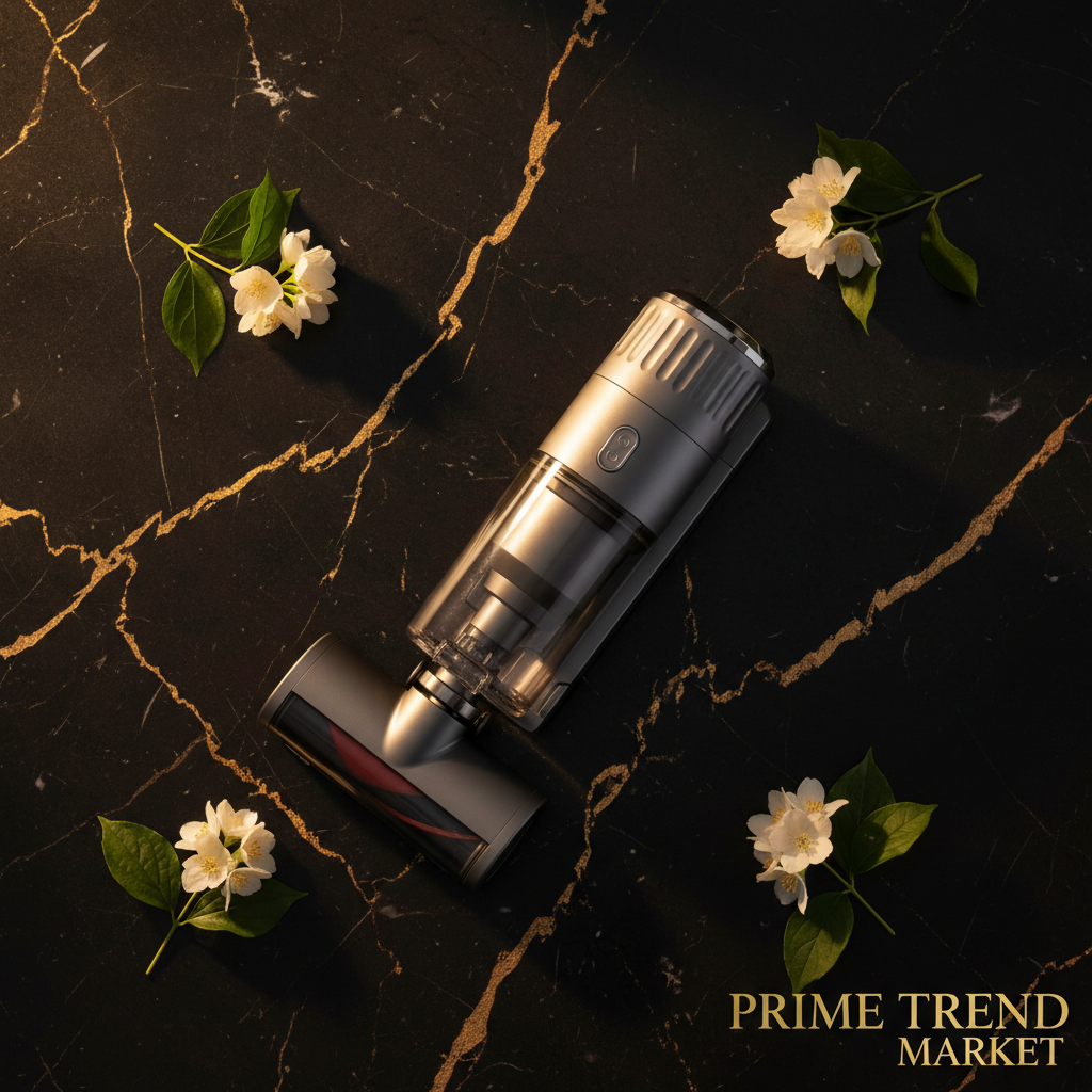 Top-down flat lay of gray cordless vacuum on black marble with gold leaf and jasmine - Prime Trend Market