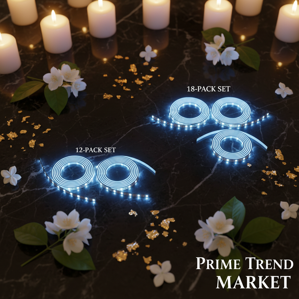 12-pack and 18-pack LED strip lights flat lay on marble
