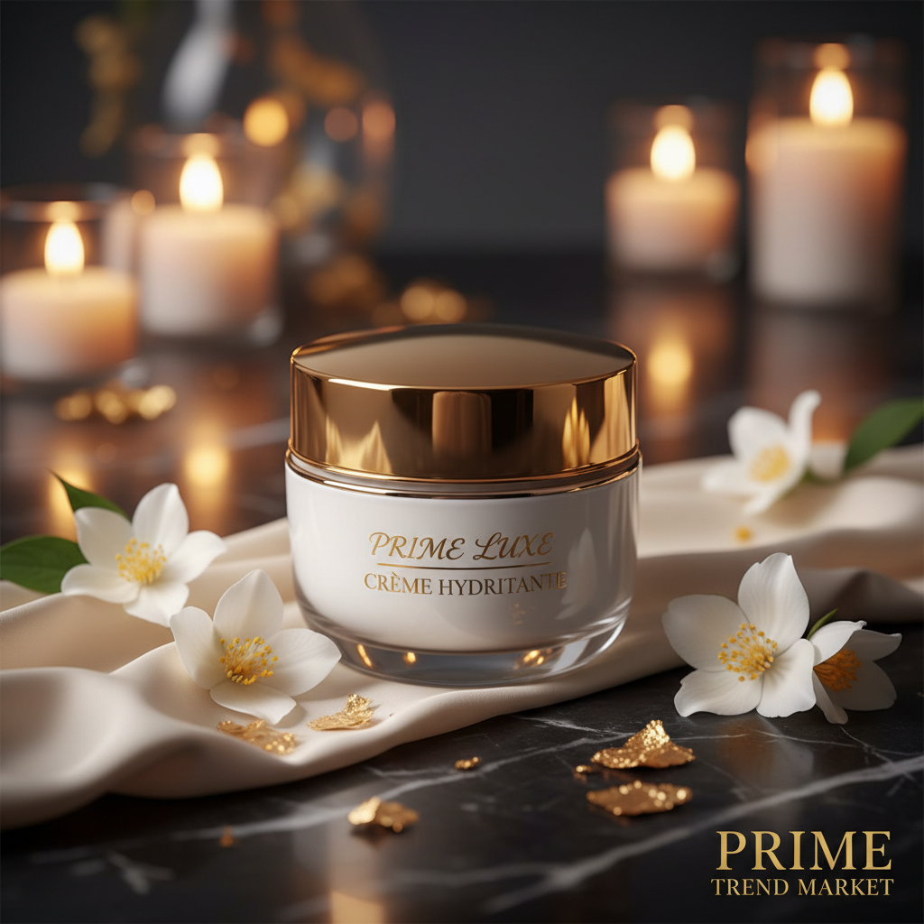 Luxury gentle hydrating body cream jar on dark marble with jasmine flowers and gold accents