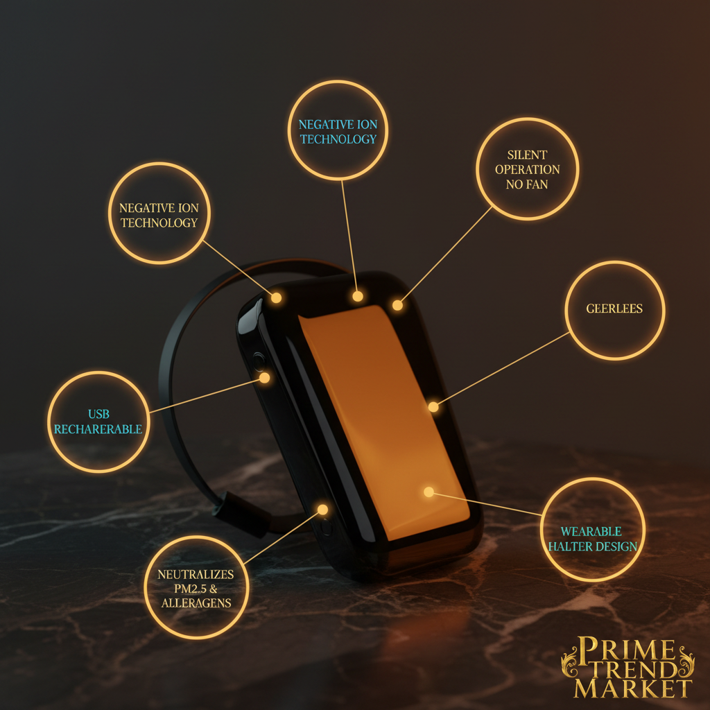 Wearable Negative Ion Neck Air Purifier — 6 Key Features Infographic