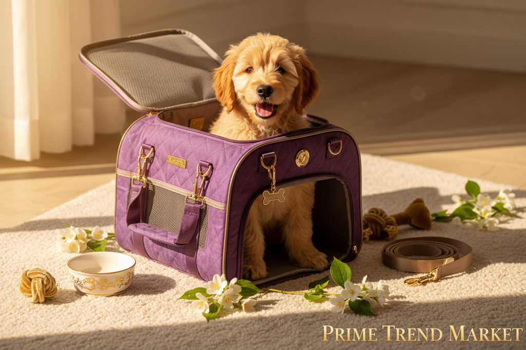 Golden retriever puppy in purple breathable pet carrier bag