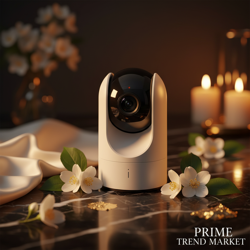 White smart WiFi security camera on black marble with jasmine flowers and gold accents — Prime Trend Market