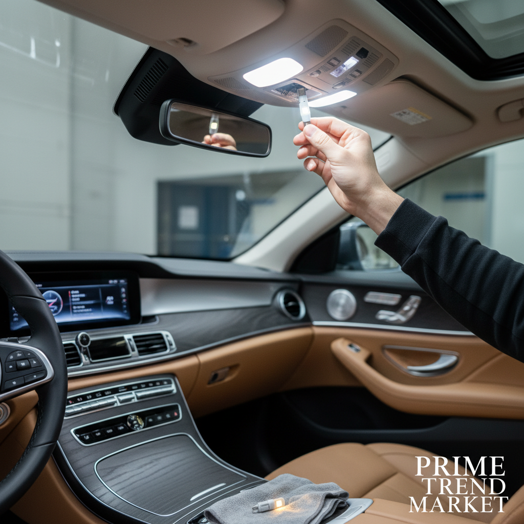 Person installing bright white T10 LED bulb into car dome light socket inside luxury car interior