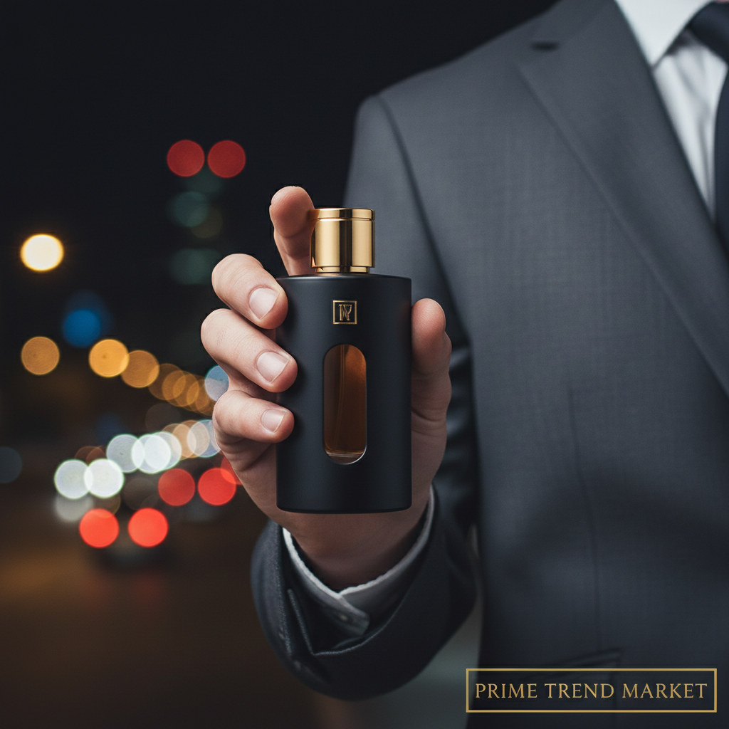 Man in tailored suit holding black perfume bottle against city lights bokeh