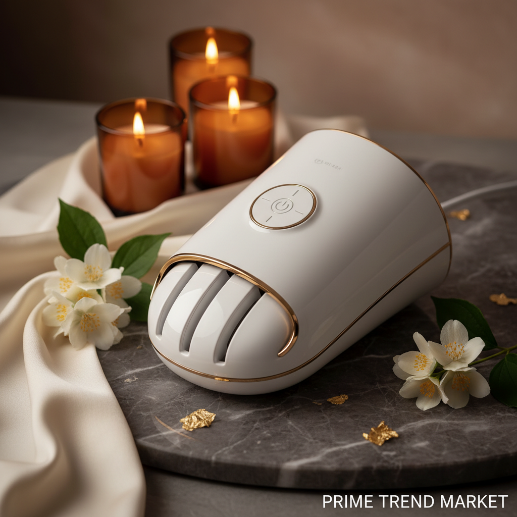 White luxury smart hand massager close-up with gold leaf and jasmine on dark marble