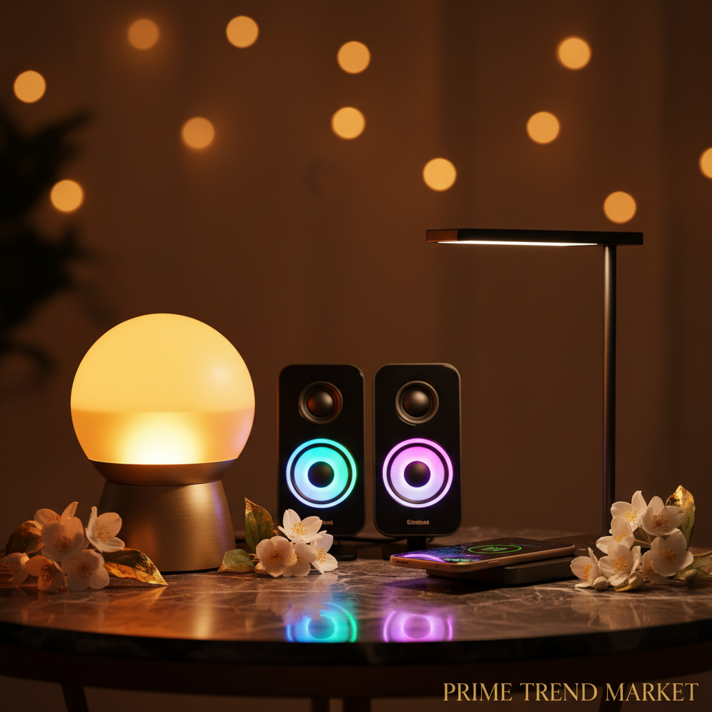 Sunset projection lamp, RGB gaming speaker and LED desk lamp on dark marble