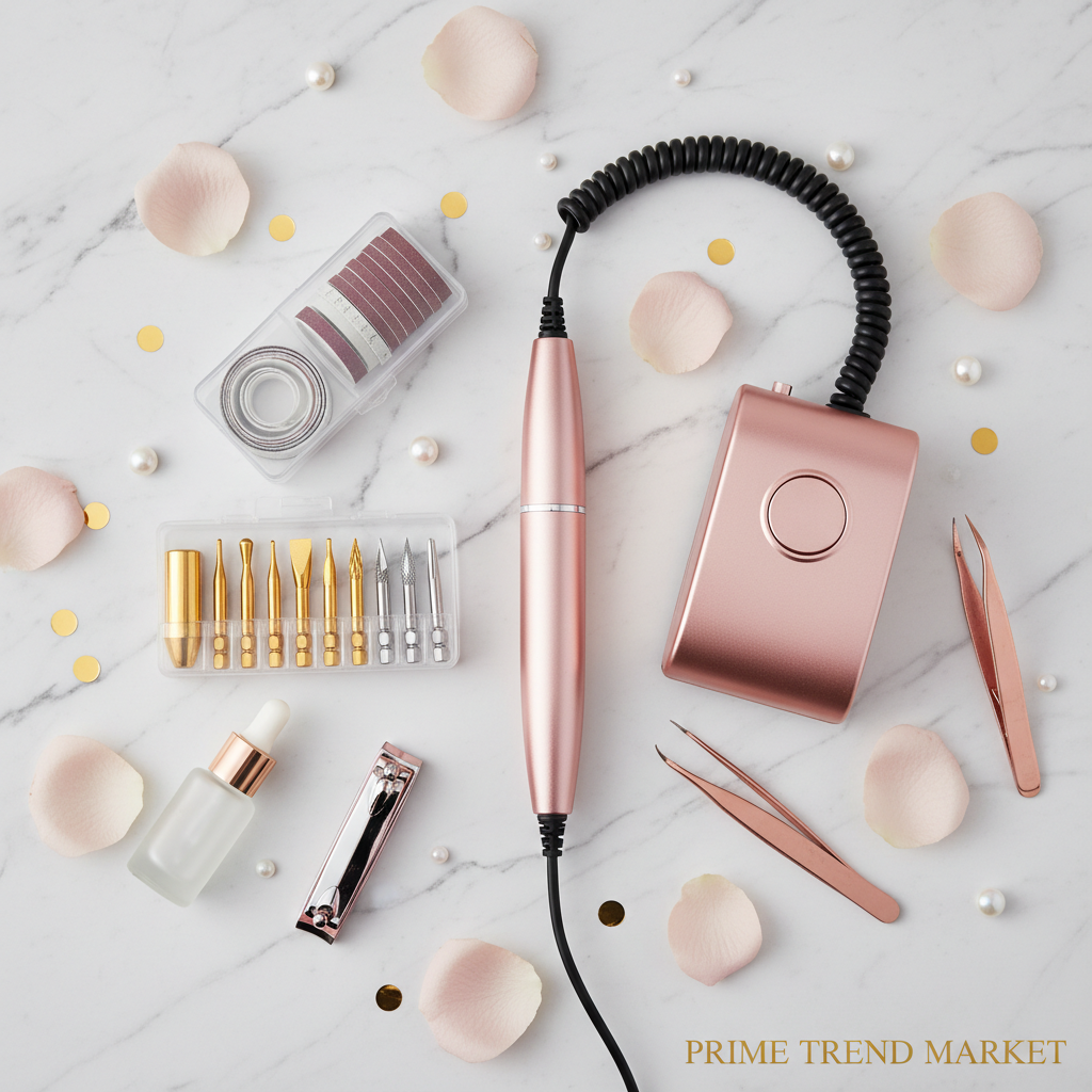 Rose gold electric nail drill kit with sanding bands, bits and accessories flat lay on white marble