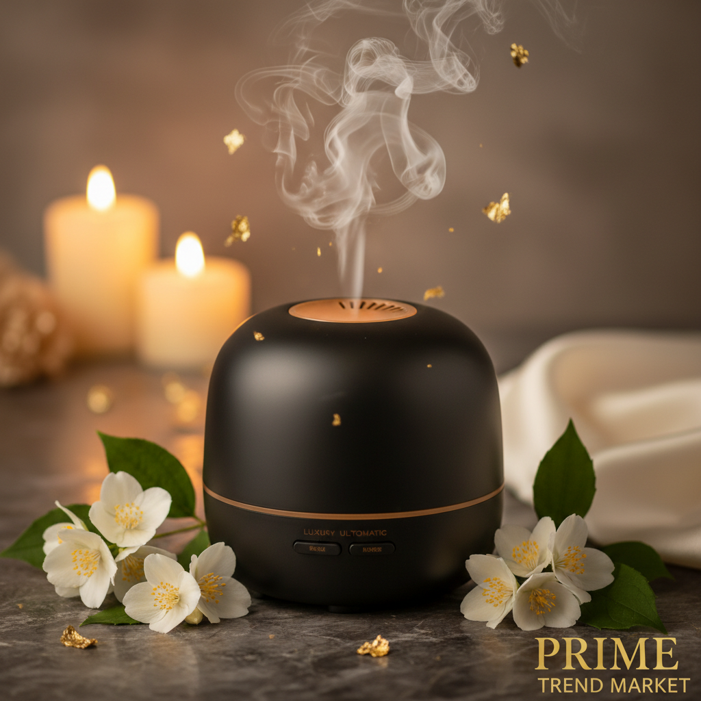 Matte black luxury aroma diffuser close-up with warm mist gold leaf and jasmine on dark marble