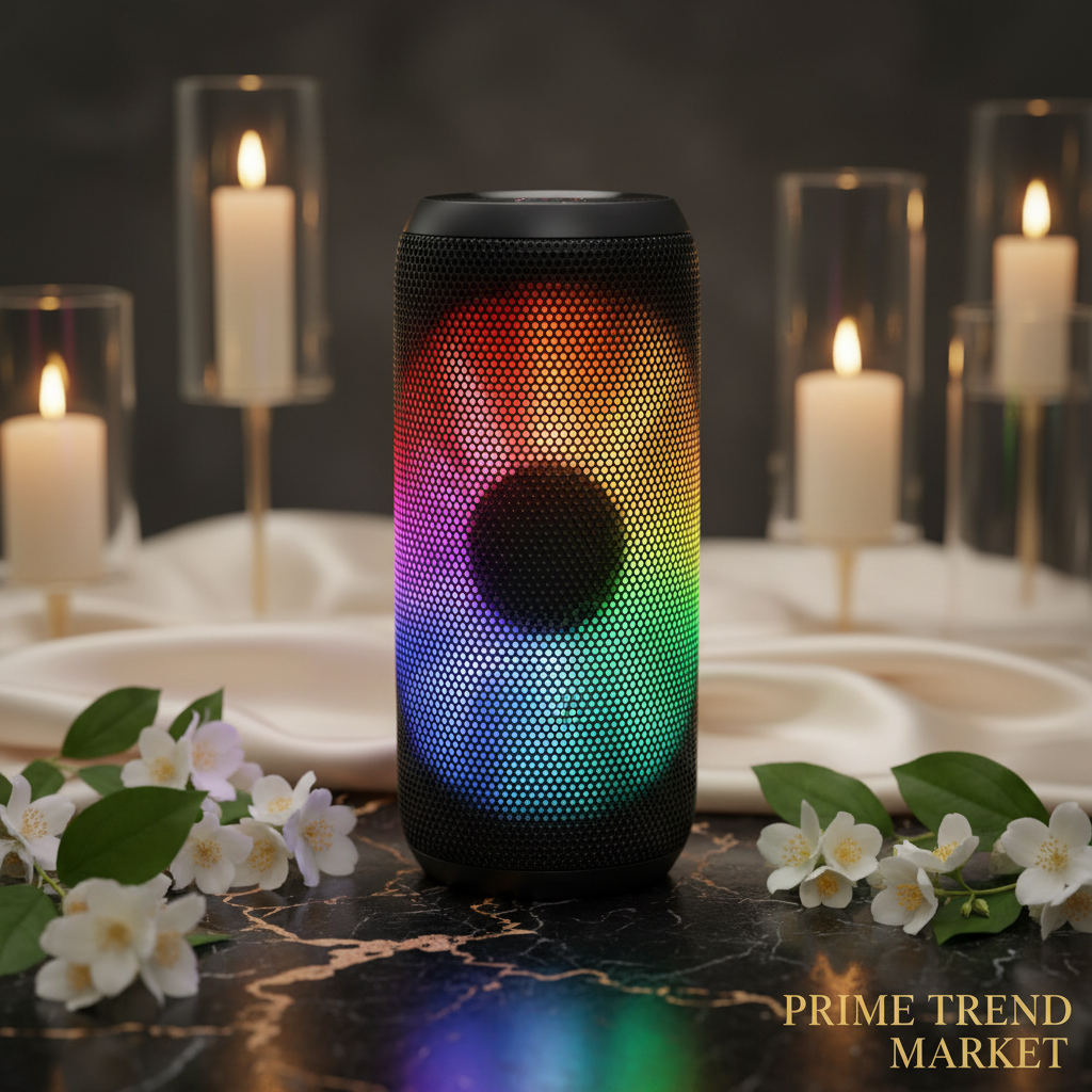 RGB Party Speaker - Studio hero shot on marble with jasmine flowers Prime Trend Market