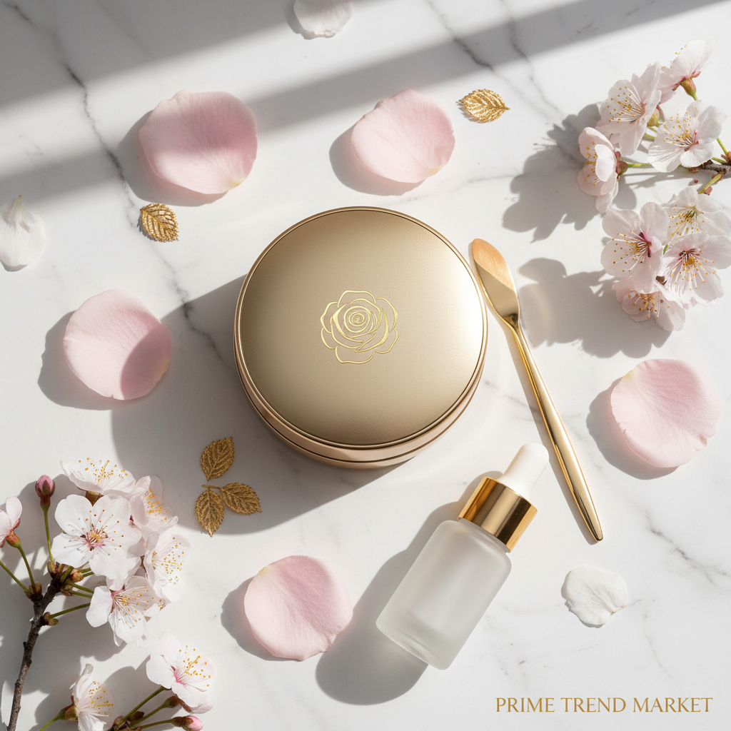 PHOFAY Oil Control Setting Cream flat lay on marble with rose petals