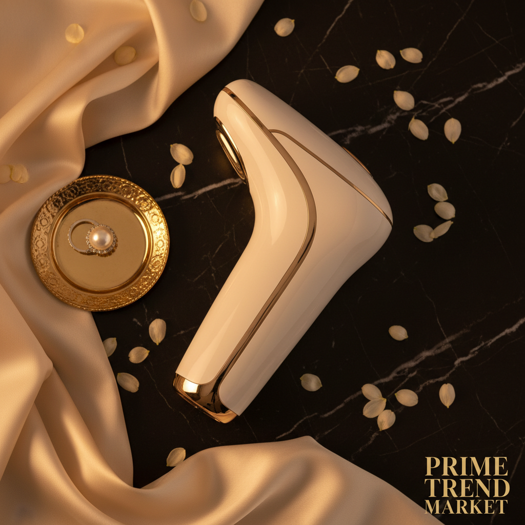 White luxury smart hand massager flatlay on dark marble with gold dish and cream silk