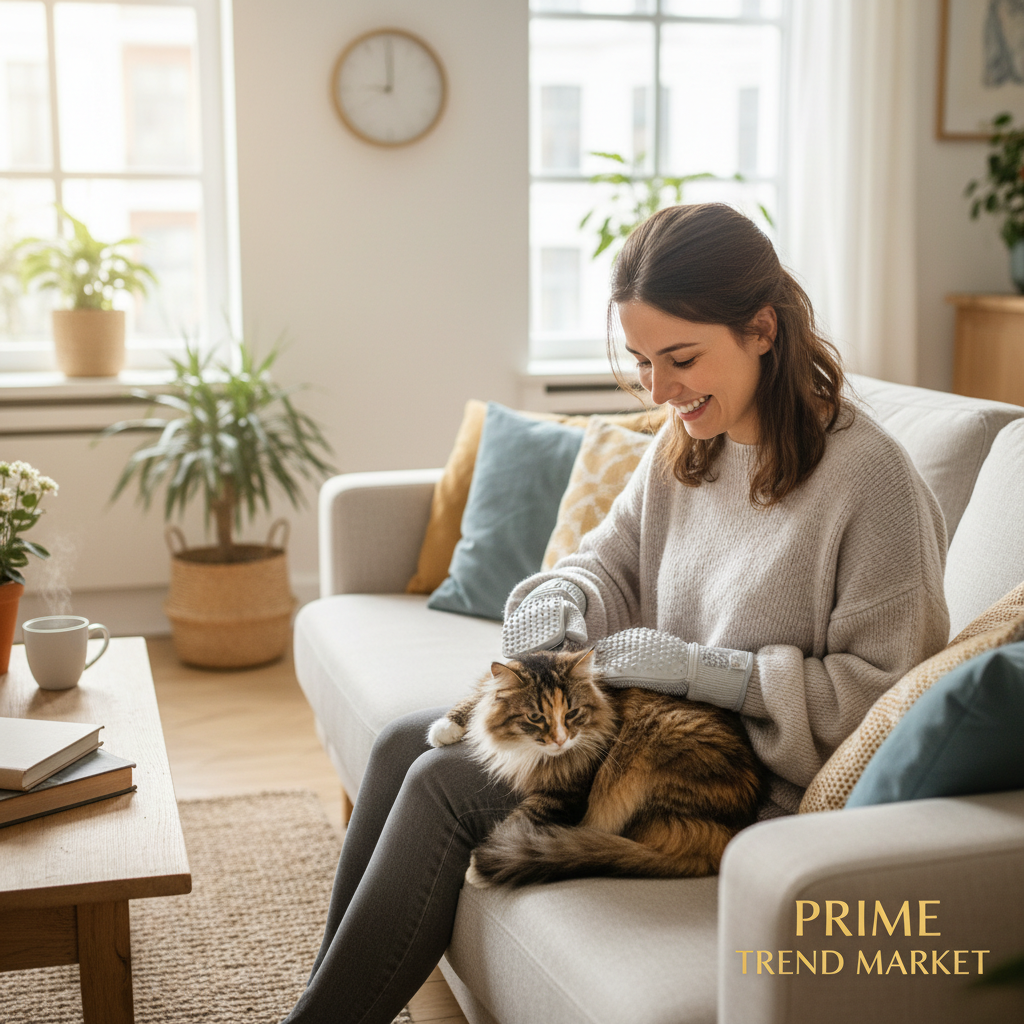 Woman wearing gray pet grooming gloves gently petting and grooming a fluffy cat on her lap