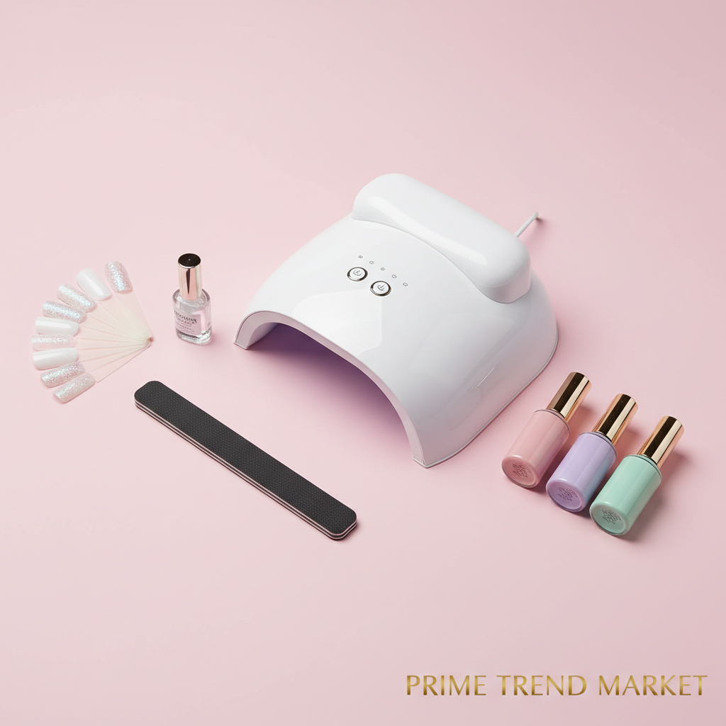 UV LED nail lamp with complete nail kit on pink background