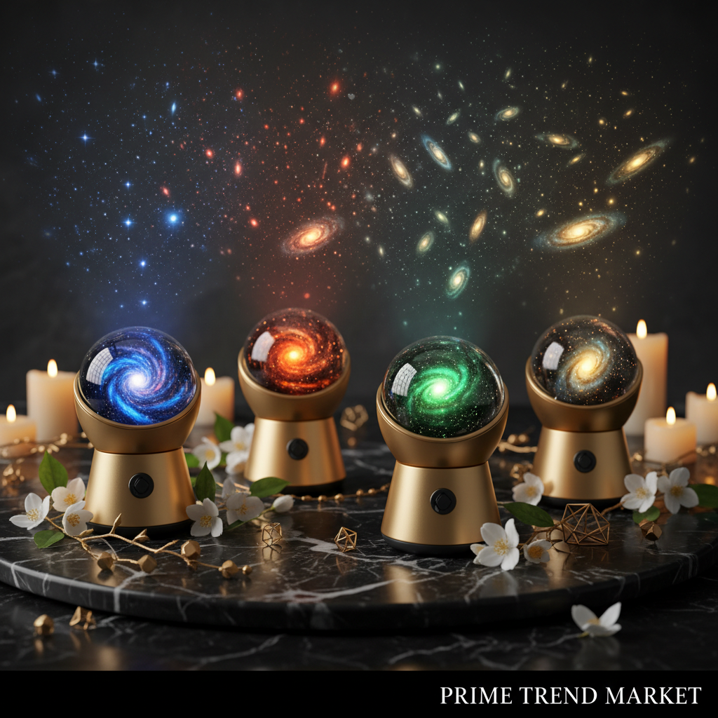 All four variants of luxury starry sky projection night light displayed on dark marble with candlelight