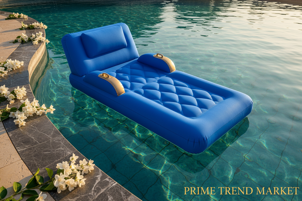 Giant blue inflatable pool float recliner on turquoise pool editorial