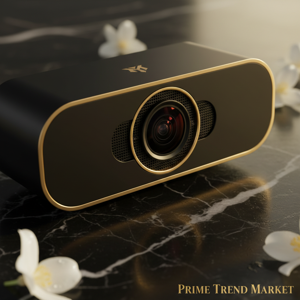 4K Beauty Auto Focus Webcam close-up lens and microphone detail on black marble