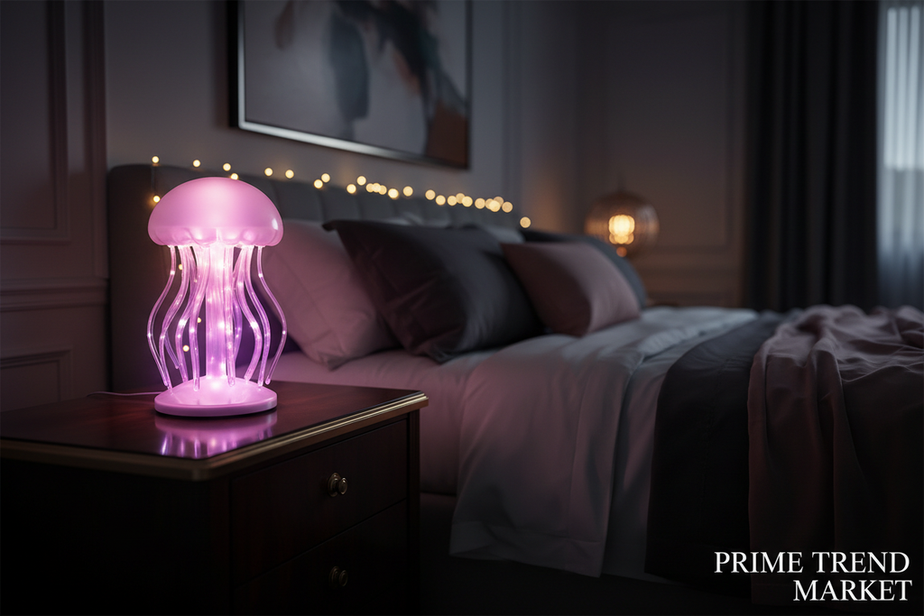 Jellyfish Bluetooth Speaker - Light Pink bedroom nightstand lifestyle shot