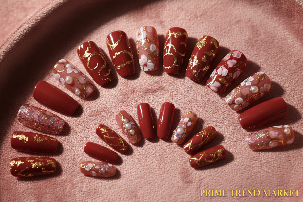 Rose Red Artistic Press-On Nails — Fan Display