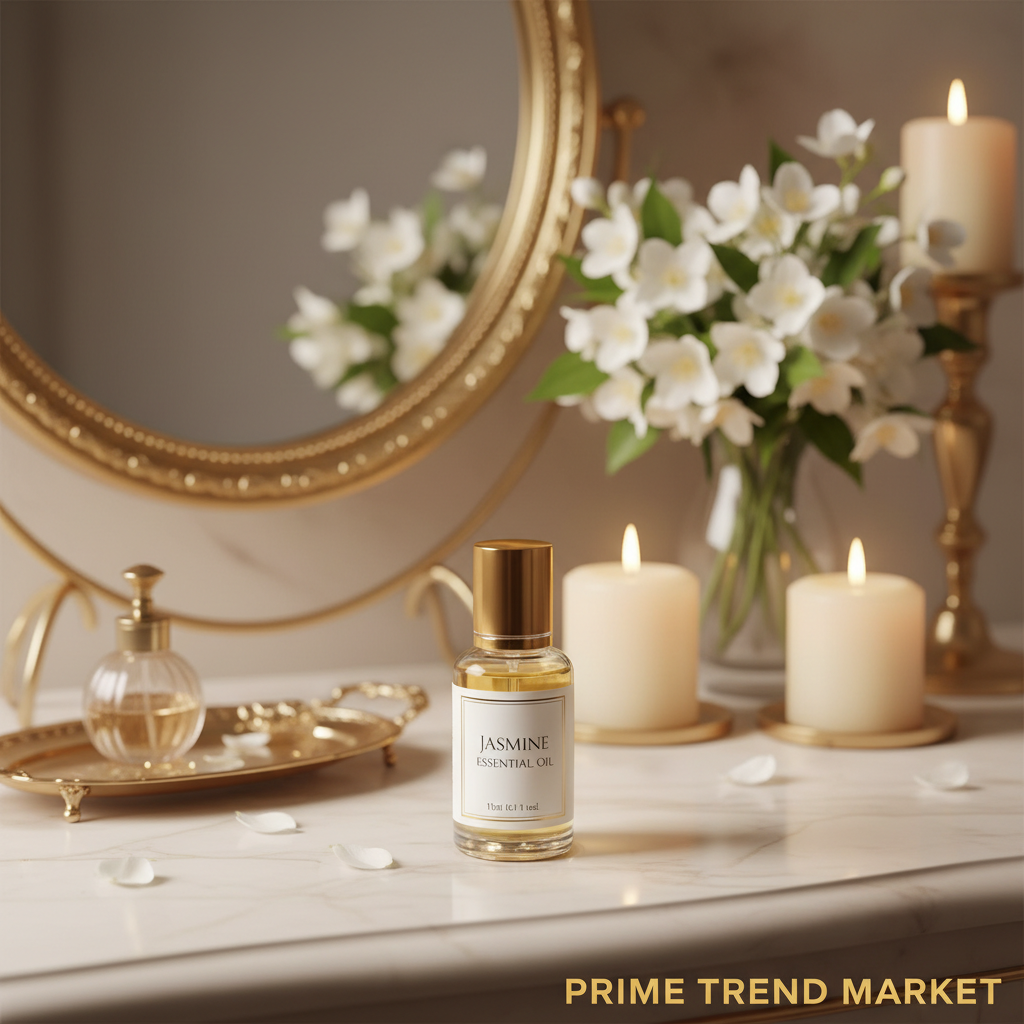 Luxury Jasmine Essential Oil on vanity with candles and gold mirror
