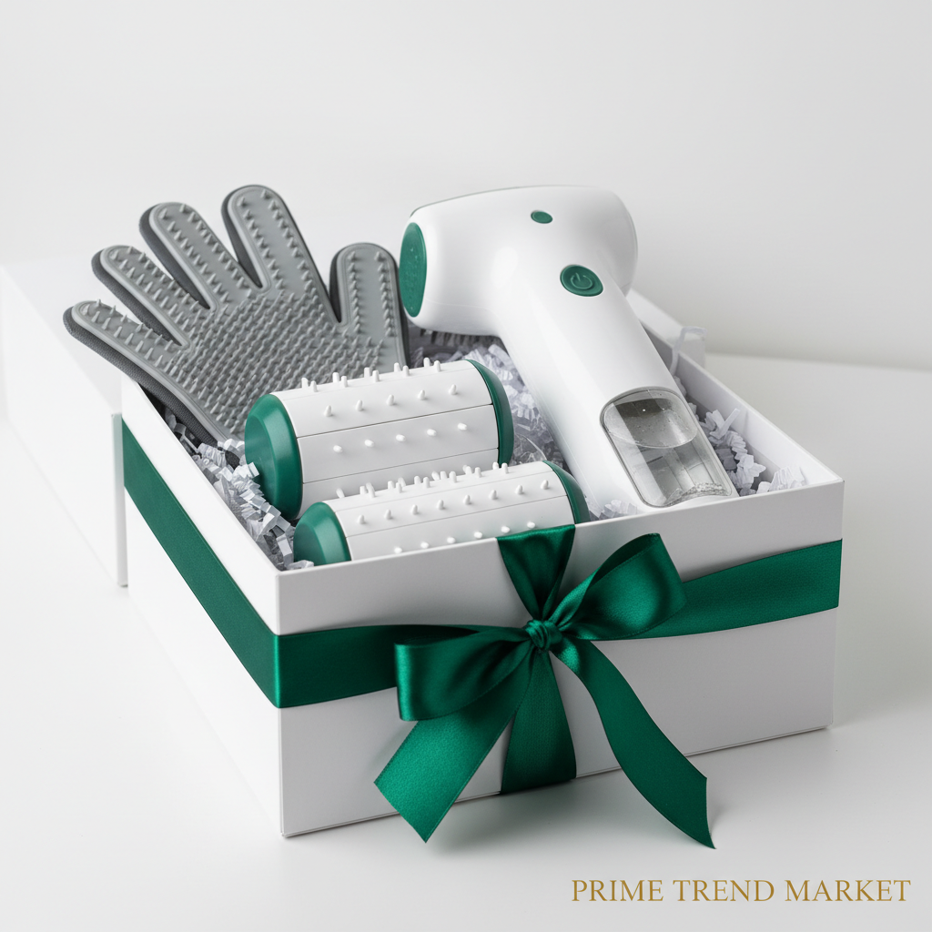 Pet Grooming Essentials Kit gift set in white box with green ribbon