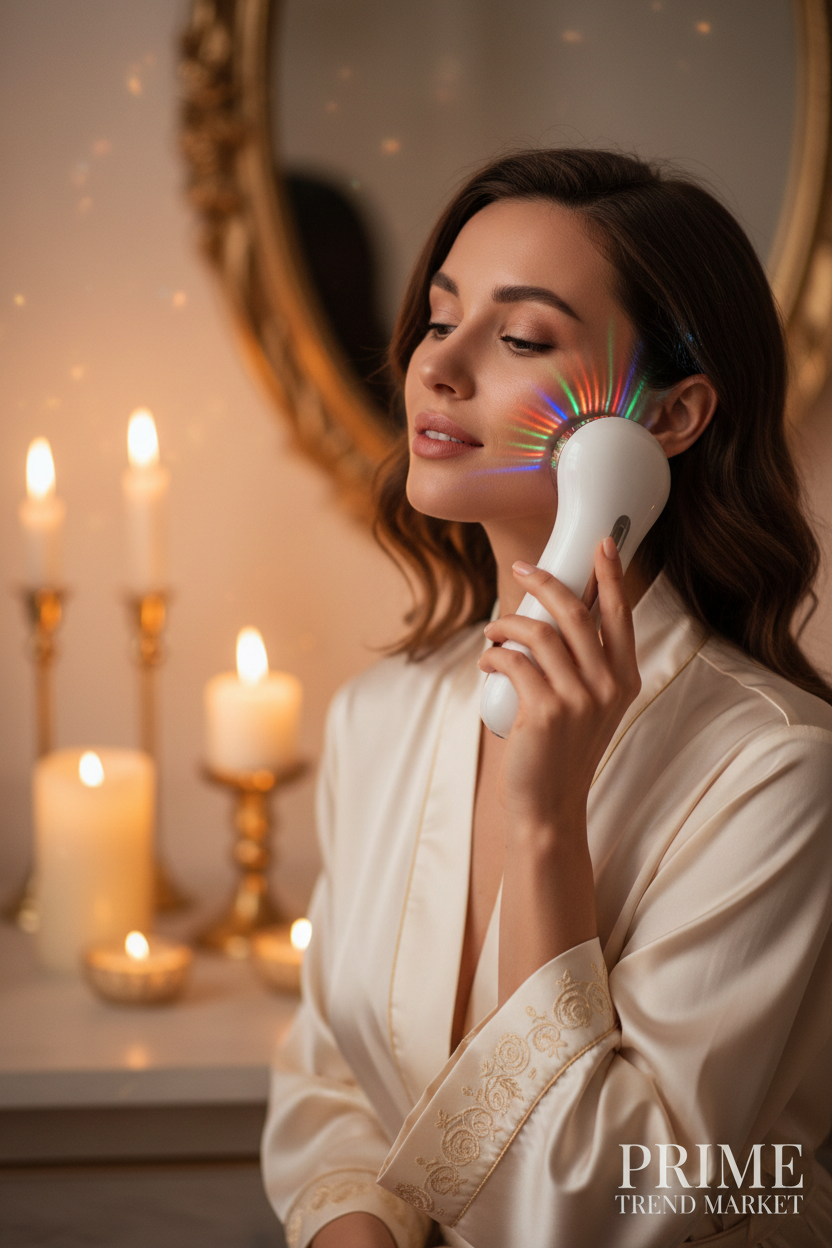 7-in-1 LED Ultrasonic EMS Iontophoresis Beauty Instrument — Lifestyle Woman Using Device